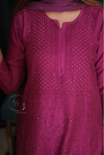 Shama chikankari and mukaish chanderi kurti in wine