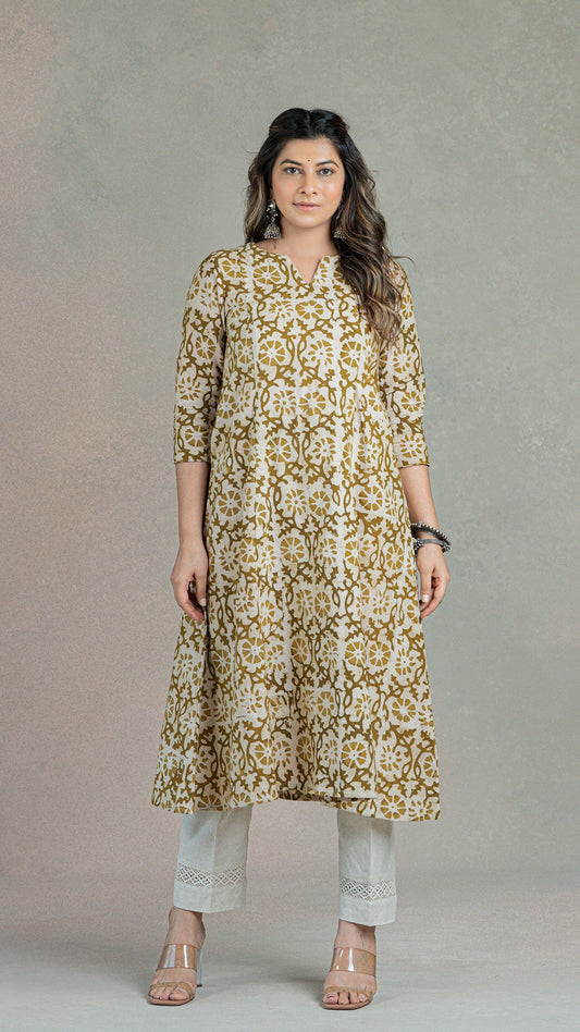 Batik Floral Jaal Kali Cotton Kurta - Sand