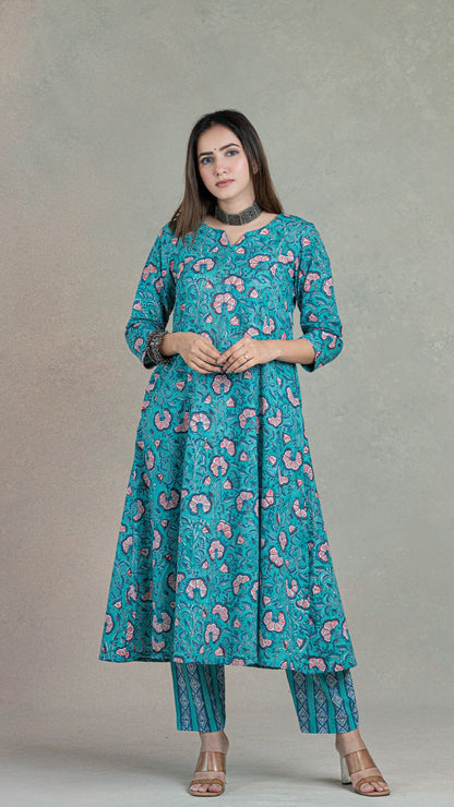 Anshi Sanganeri Hand Block Kali Cotton Kurta - Turquoise