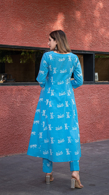 Keya Discharge Kali Cotton Kurta - Blue