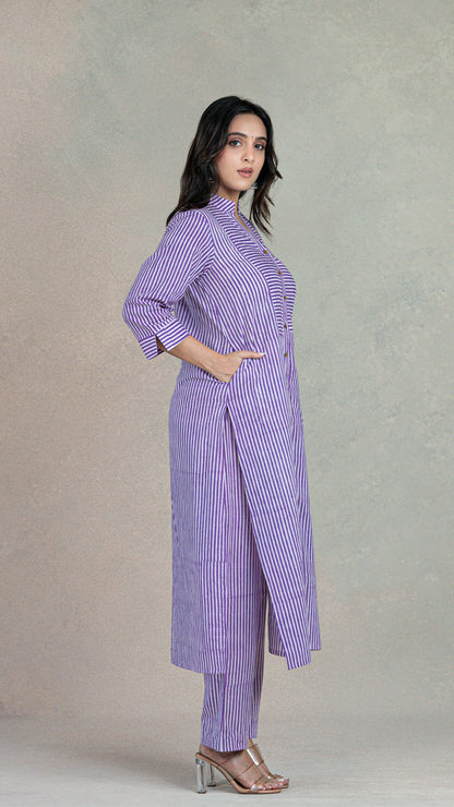 Lavender Stripes Hand Block Cotton Kurta