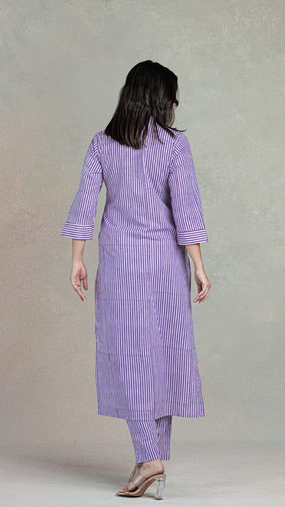 Lavender Stripes Hand Block Cotton Kurta