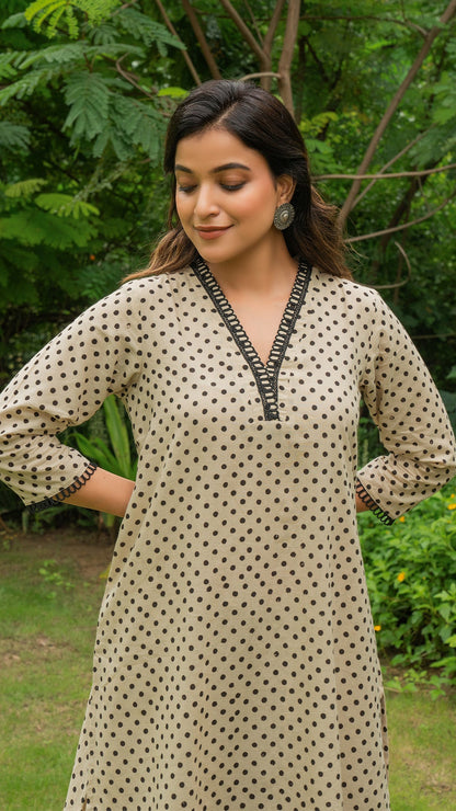 Black Polka Dots Hand Block Cotton Kurta