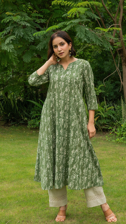 Naaz Dabu Hand Block Cotton Kurta - Green