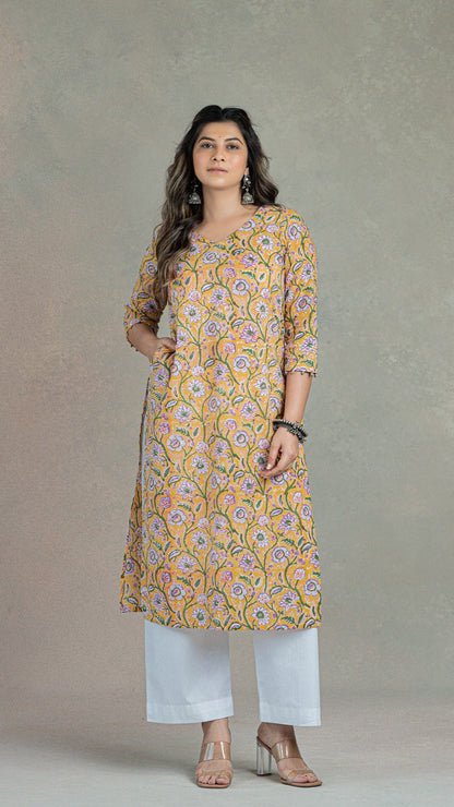 Amrit Sanganeri Hand Block Cotton Kurta - Yellow