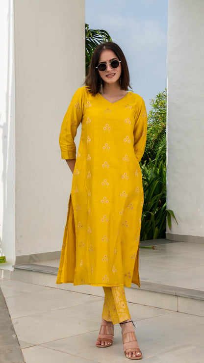 Aarvee Woven Chanderi Kurta Set - Yellow