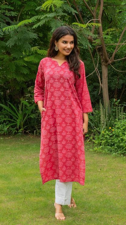 Viha Dabu Hand Block Cotton Kurta - Pink