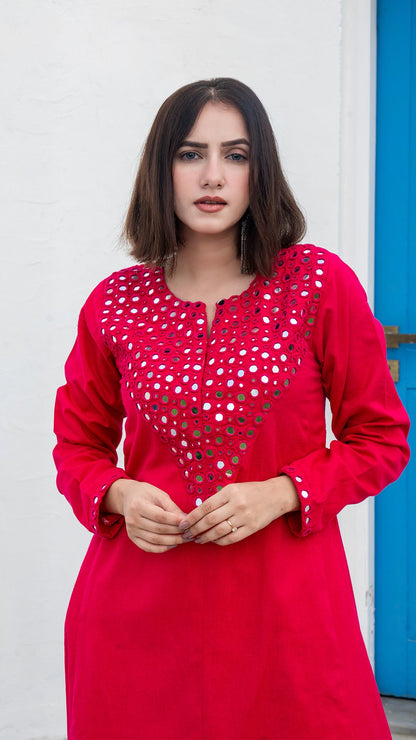 Rani Pink Mirror Embroidered Kurta In Cotton