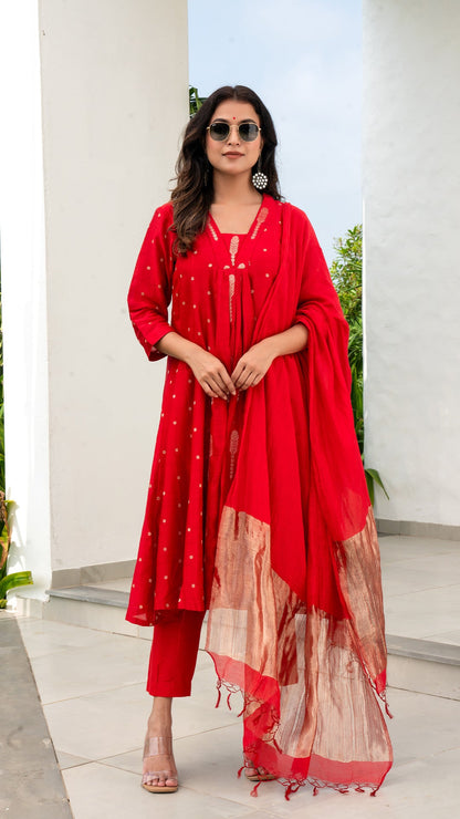 Paaro Chanderi Kali Kurta Set - Red