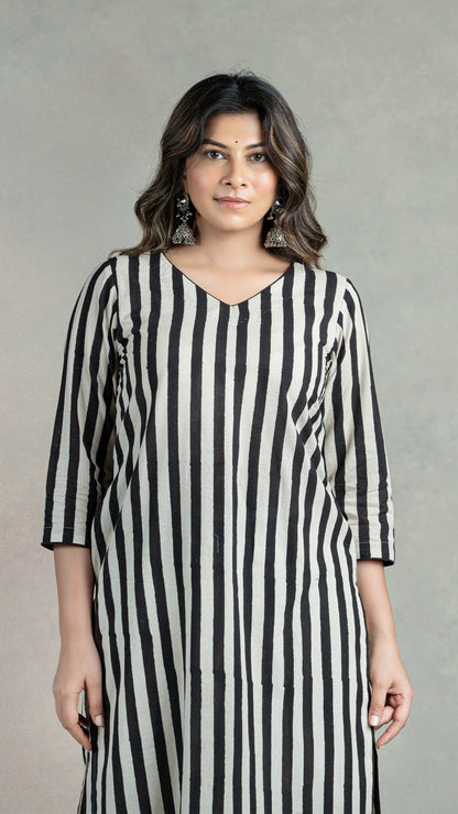 Black Stripes Hand Block Cotton Kurta