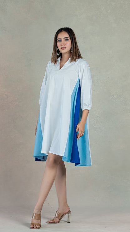 White-Blue Skater Dress In Organic Cotton