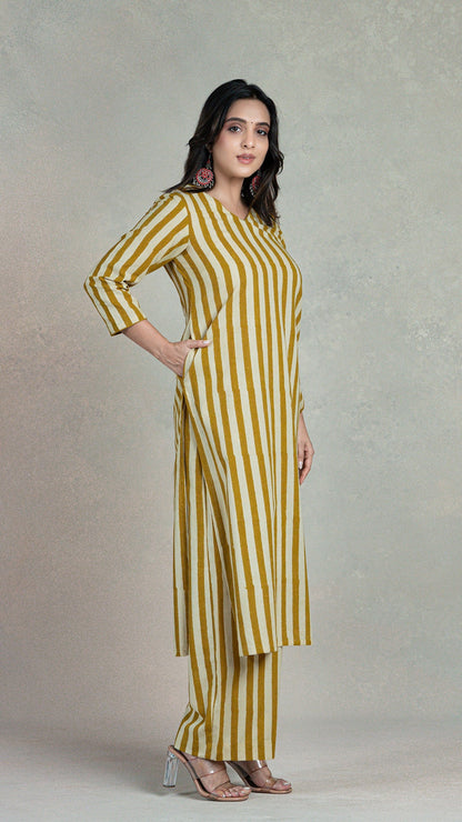 Mustard Stripes Hand Block Cotton Kurta