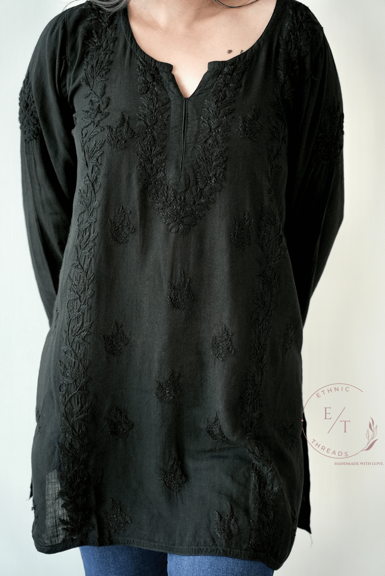 Ira chikankari linen top in Black