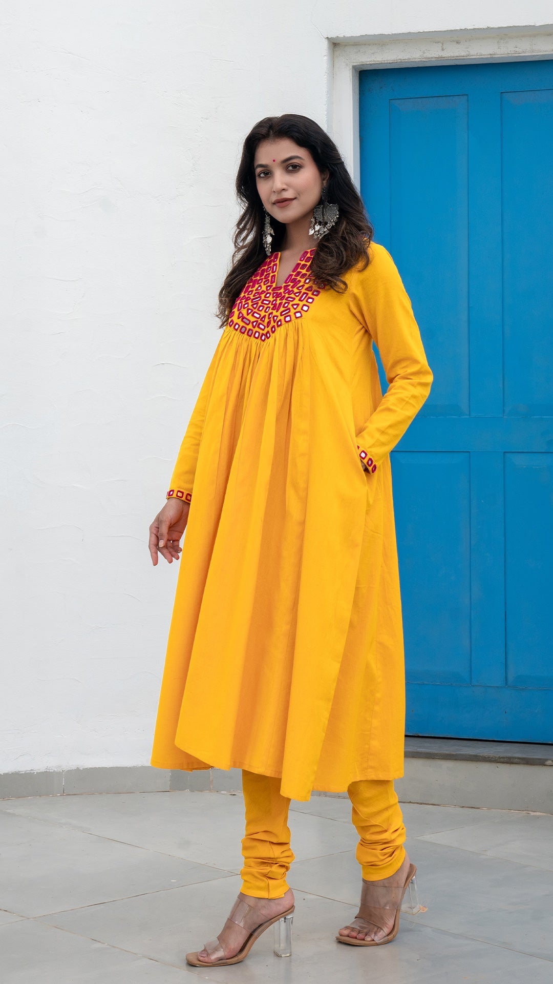 Yellow Mirror Embroidered Kurta In Cotton