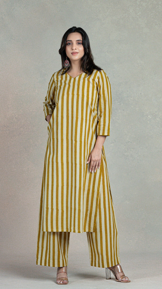 Mustard Stripes Hand Block Cotton Kurta