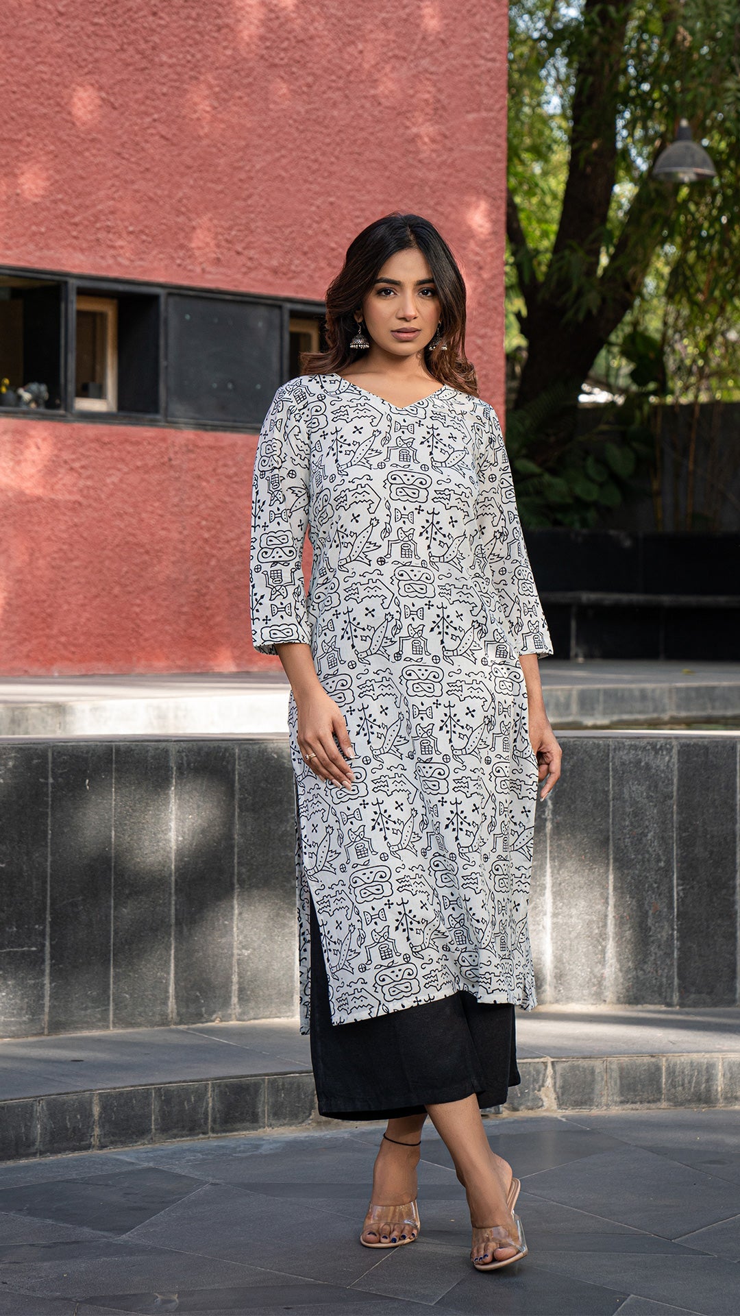 Aarya Hand Block Cotton Kurta - Black and White