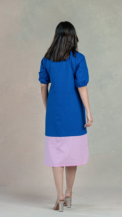 Blue - Pink Shirt Dress In Organic Cotton