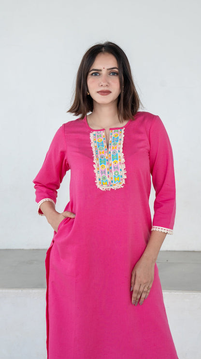 Blush Pink Cotton Kurta With Embroidered Patch