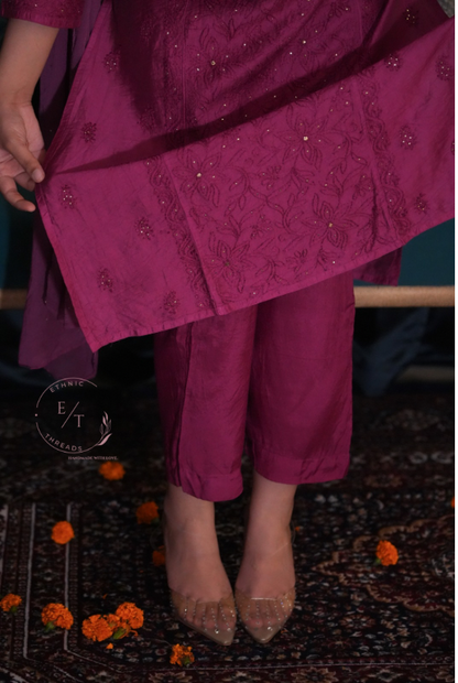 Shama chikankari and mukaish chanderi kurti in wine