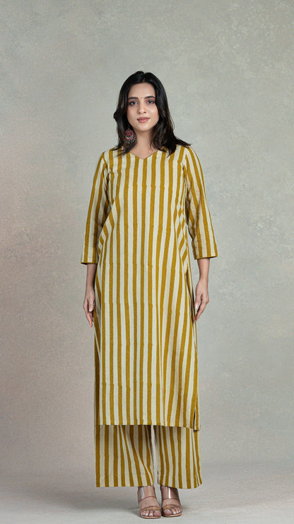 Mustard Stripes Hand Block Cotton Kurta