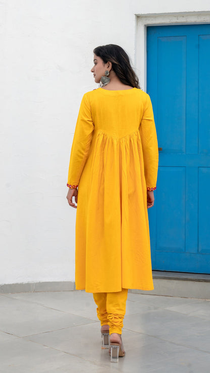 Yellow Mirror Embroidered Kurta In Cotton