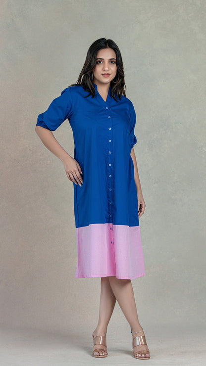 Blue - Pink Shirt Dress In Organic Cotton