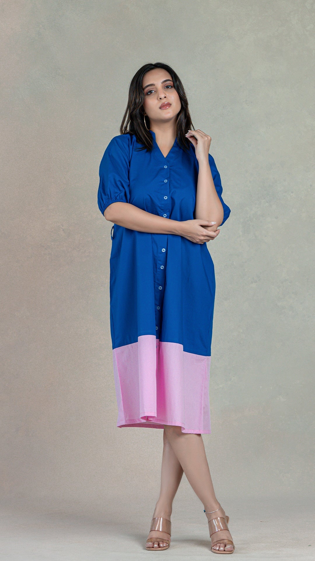 Blue - Pink Shirt Dress In Organic Cotton