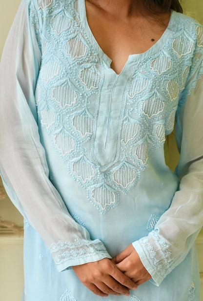 Elizeh chikankari and pearl 3 pc set in Blue