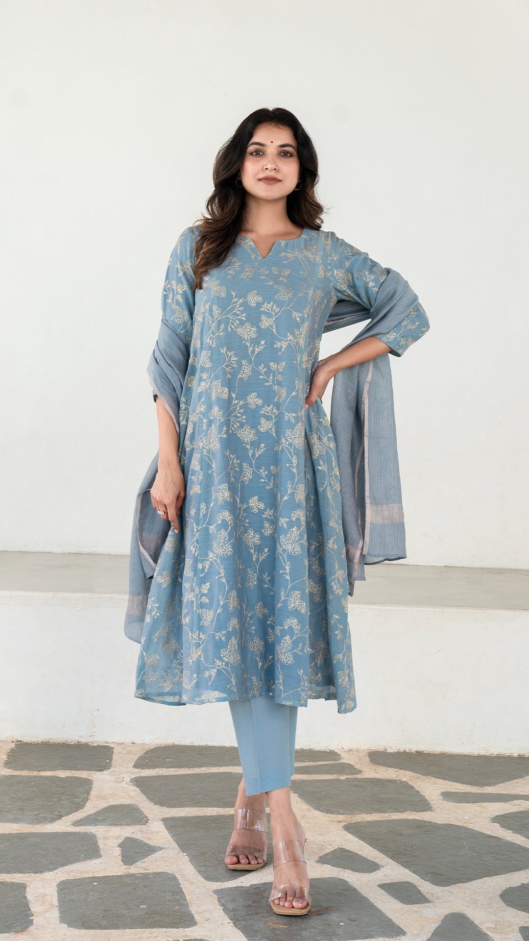 Kriti Embroidered Chanderi Kurta Set - Ice Blue