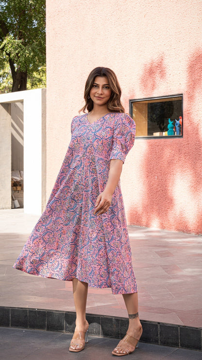 Smahi Sanganeri Print Dress - Pink