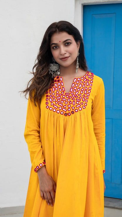 Yellow Mirror Embroidered Kurta In Cotton