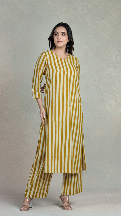 Mustard Stripes Hand Block Cotton Kurta