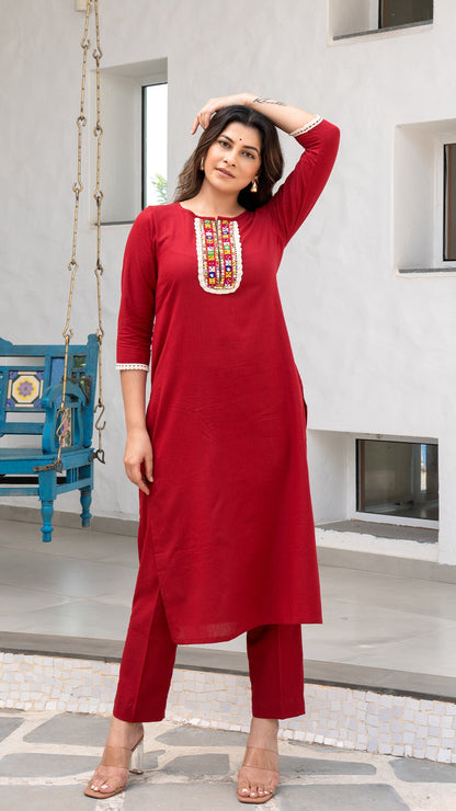 Red Cotton Kurta With Embroidered Patch