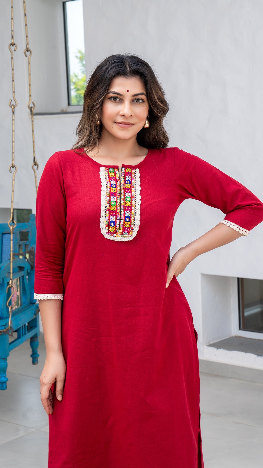 Red Cotton Kurta With Embroidered Patch