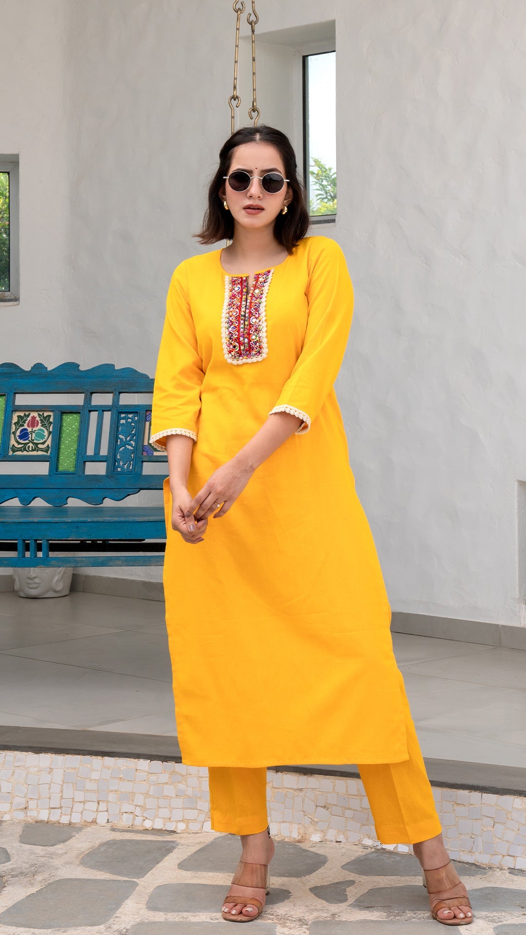 Yellow Cotton Kurta With Embroidered Patch