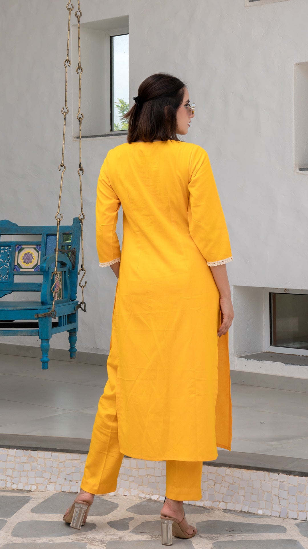 Yellow Cotton Kurta With Embroidered Patch