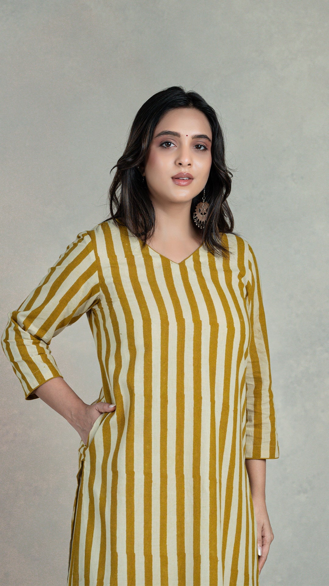 Mustard Stripes Hand Block Cotton Kurta