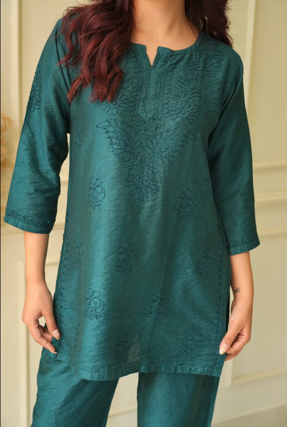 Meher Chikankari co-ord set in Teal blue