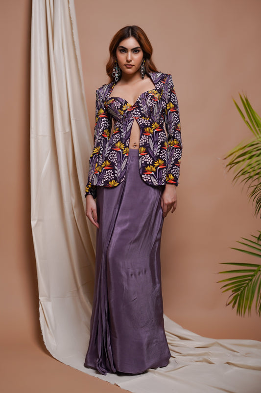 VIOLET DIGITAL PRINTED COAT AND  DRAPE  SKIRT SET  (SET OF 2)