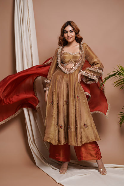 GOLDEN TISSUE SILK ANARKALI SUIT SET  (SET OF 4)