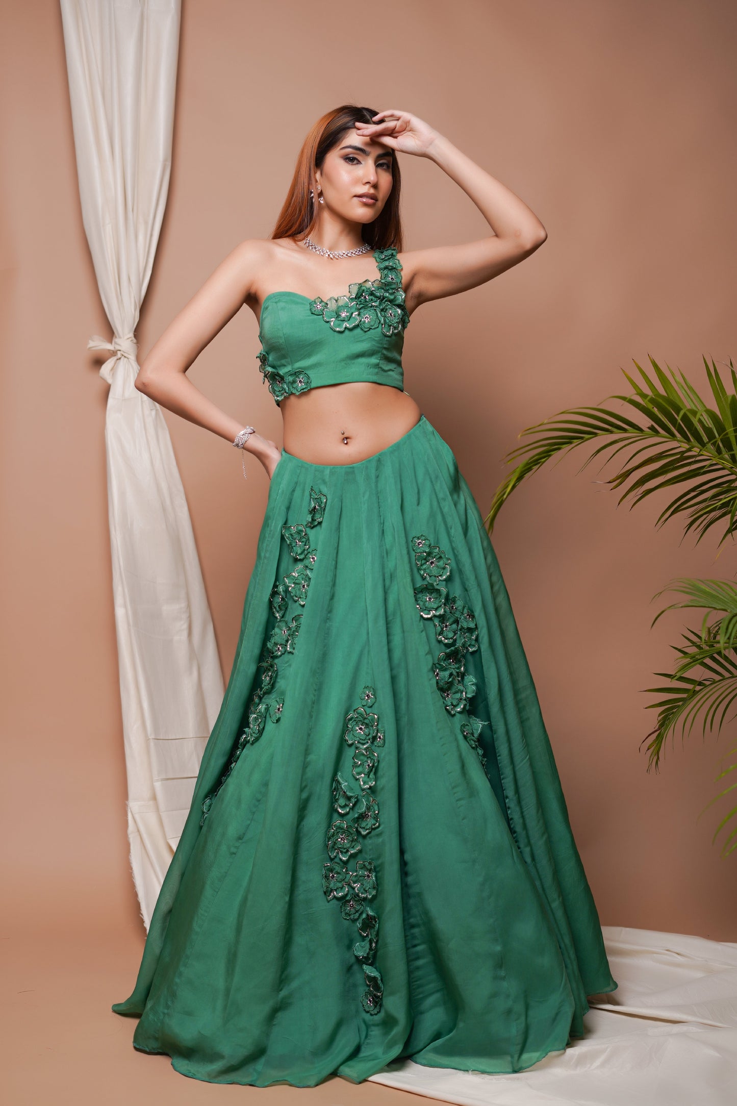 BRIGHT GREEN 3-D ORGANZA INDO LEHENGA SET (SET OF 2)