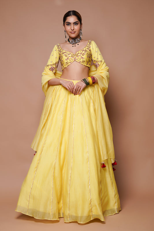 YELLOW CHANDERI LEHENGA SET (SET OF 3)