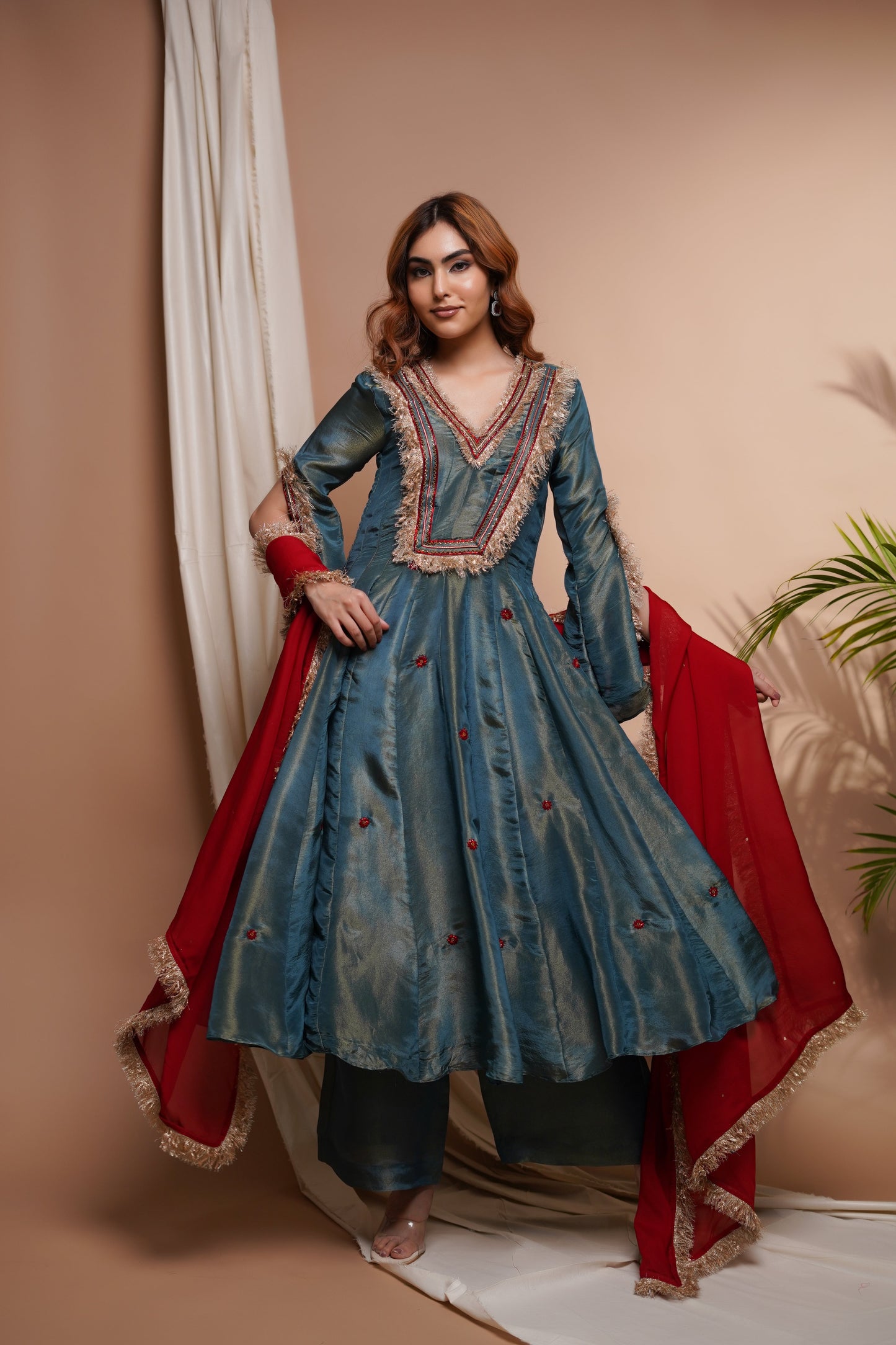 BLUE RED TISSUE SILK ANARKALI SUIT SET (SET OF 3)