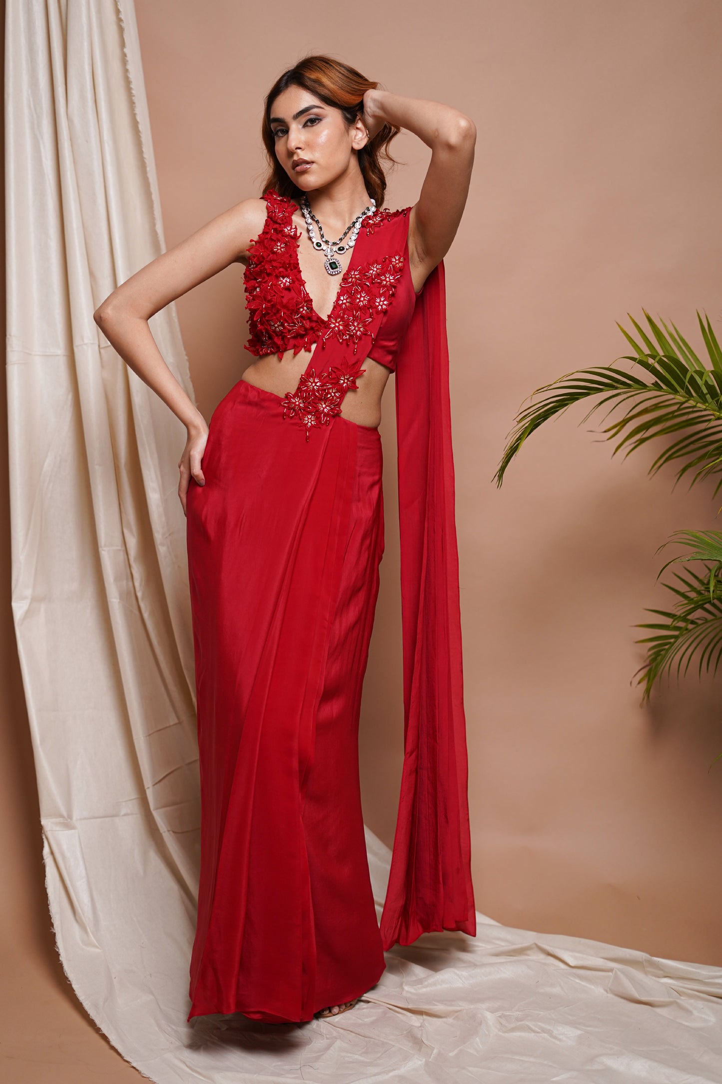 RED PRE-STITCHED DRAPED SAREE