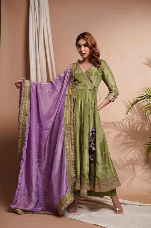 GREEN PURPLE TISSUE SILK ANGRAKHA ANARKALI SET  (SET OF 3)