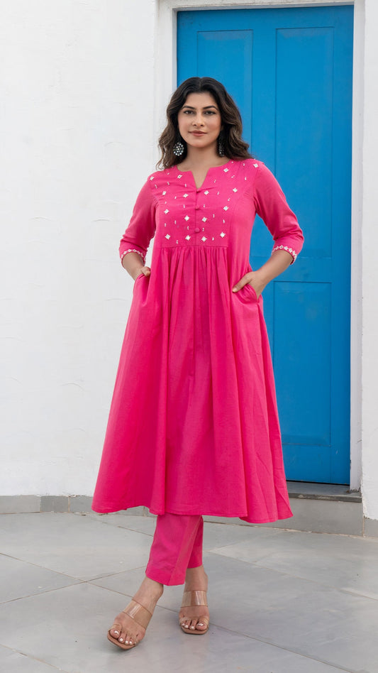 Light Pink Mirror Embroidered Kurta In Cotton