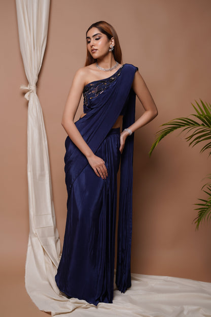 NAVY PRE-STITCHED DRAPED SAREE