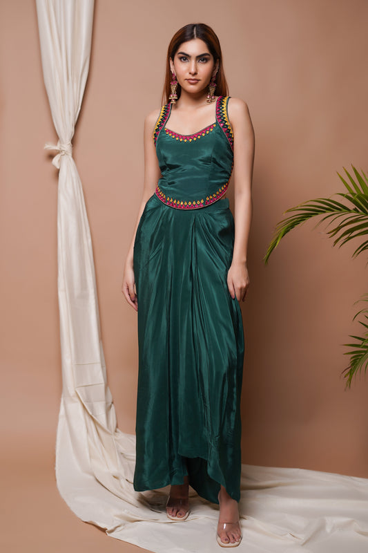 BOTTLE GREEN BACKLESS DRAPE SKIRT SET (SET OF 2)