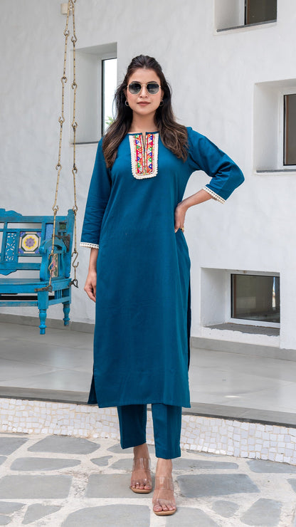 Blue Cotton Kurta With Embroidered Patch