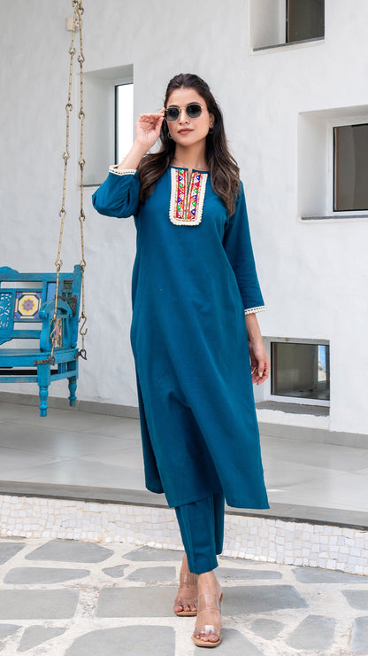 Blue Cotton Kurta With Embroidered Patch